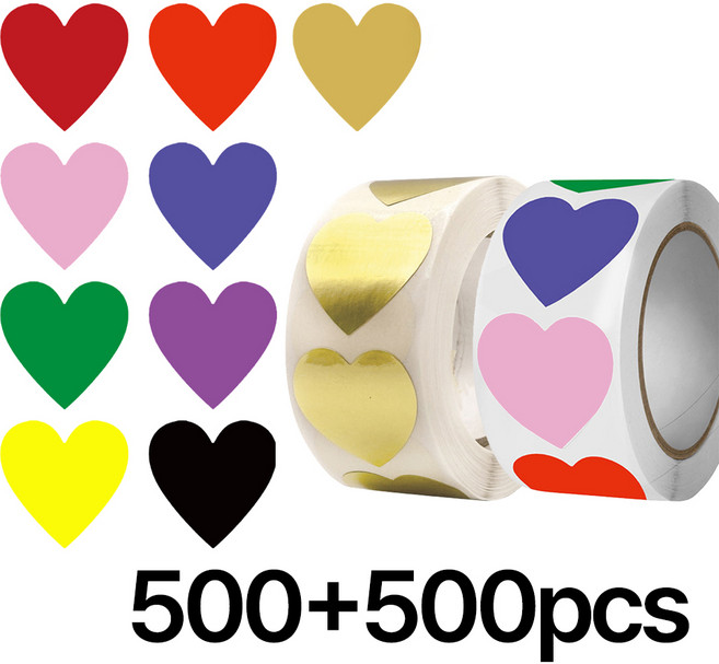 디심플 재물운 하트스티커 1000장세트, 골드(500pcs)+혼합색상(500pcs)