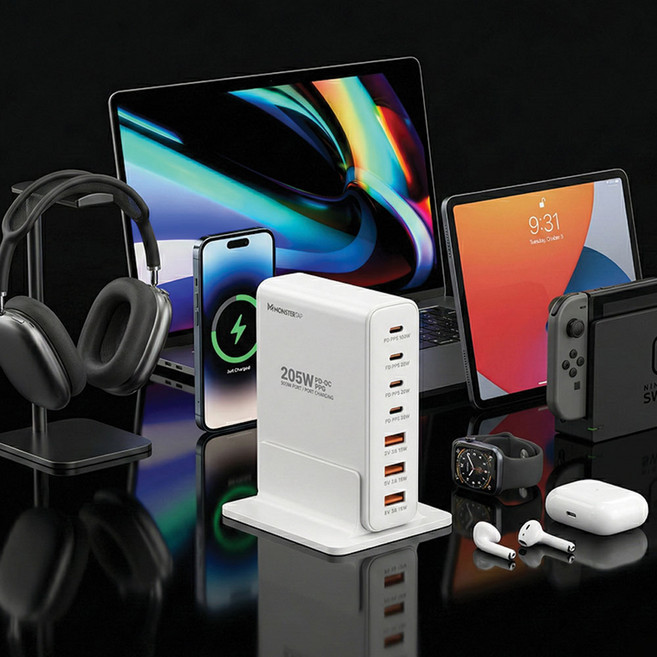 탭앤탭 205W 7포트 GaN 초고속 충전기 PD 애플워치 핸드폰 아이폰 충전 멀티 충전기, 1개, 화이트