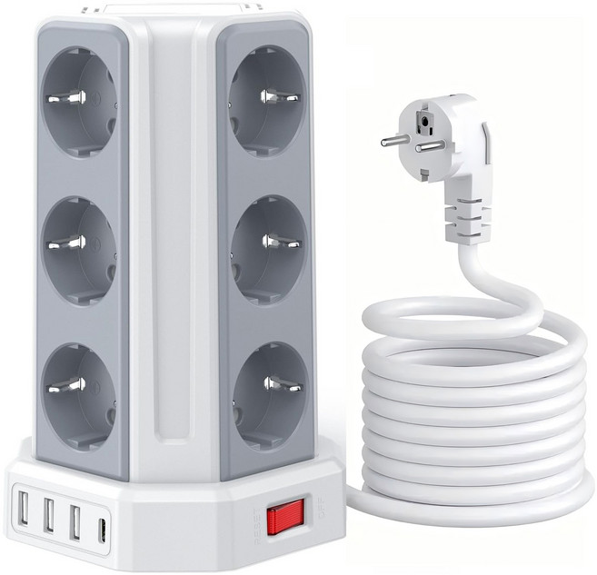 Sameriver 타워형 전원 스트립 USB 포트 4개 포함(최대 3.4A/16W 의 USB-A 3+ USB-C) 전기 소켓 12구 스위치 4개 3M 케이블 KC 인증서 취득, 1개, 하얀색
