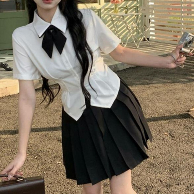 하비리아 여성 여자 반팔 여름 리본 장식 셔츠 블라우스 일본 교복 스타일 흰색 짧은 허리 슬림핏 흰색 하얀색