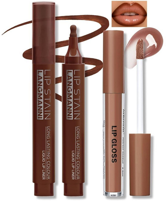 HOSAILY 립 콤보 - 누드 립글로스가 있는 모카 브라운 라이너 마커 펜 롱웨어 리퀴드 스테인 방수 논스틱 컵 너리싱 글로우 오일 립스틱 메이크업, 1)모카 브라운