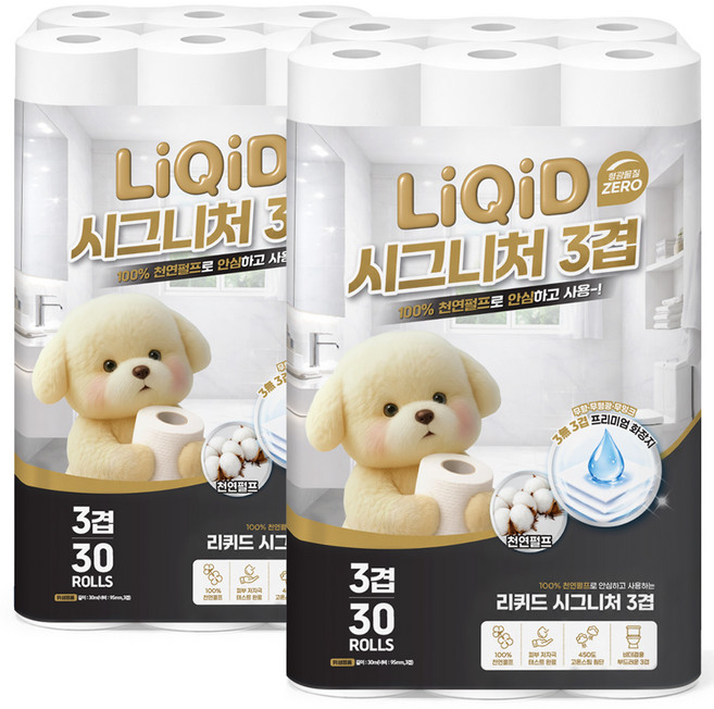 화장지 3겹 티슈 30m 천연펄프100% 두루마리 고급롤화장지, 2개, 30개입
