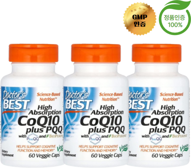 [3개 세트] 닥터스베스트 코큐텐 플러스 피큐큐 100mg + 20mg [60캡슐] 유비퀴놀 코엔자임큐텐 PQQ, 60정, 3개