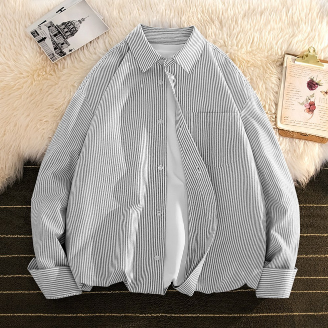 남성 가을 옥스퍼드 줄무늬 긴팔 셔츠 라이트 비즈니스 관리 쉬운 아우터