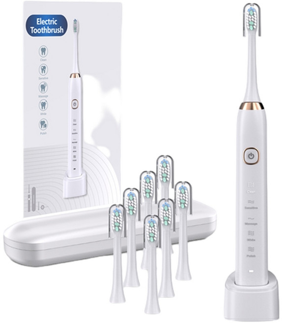 SARMIOCARE 成人充電式軟毛電動牙刷 8刷頭 磁懸浮設計, 白色, 1個, 中性英文包裝