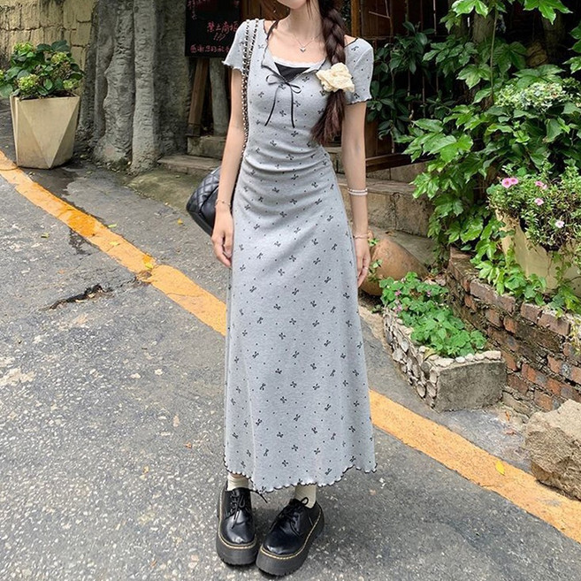 cammello 작은 리본 패턴 레이어드 반팔 미니 롱 원피스 기장 골지 드레스