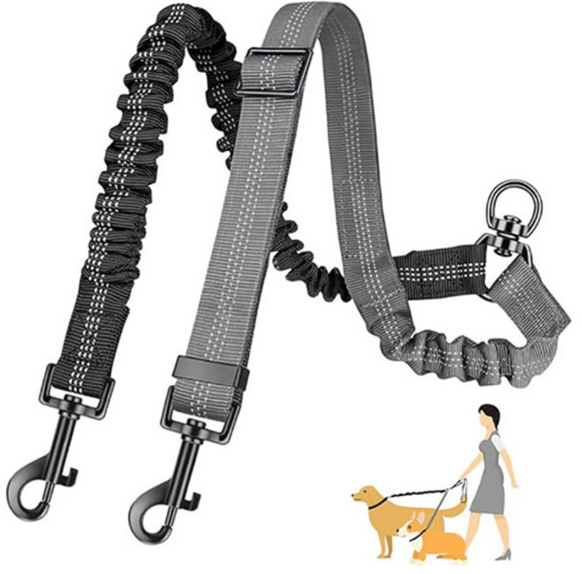 러브소이 탄성 강아지 2줄 리드줄 커플 스위블, 1개, 블랙그레이