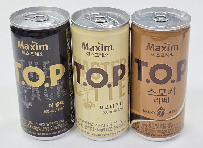 맥심 TOP 200ml 3종 혼합 (더 블랙 마스터 라떼 스모키 라떼 -각 6개씩 ), 4세트, 3.6L