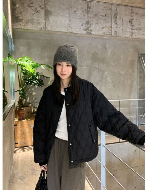 阿一 韓系設計感菱格棉服秋冬輕薄保暖圓領外套