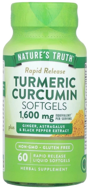 아이허브 Natures Truth 강황 커큐민+생강 흑후추 1600mg 속방형 액상 소프트젤 60정, 알약/캡슐, 1개 - 쿠팡