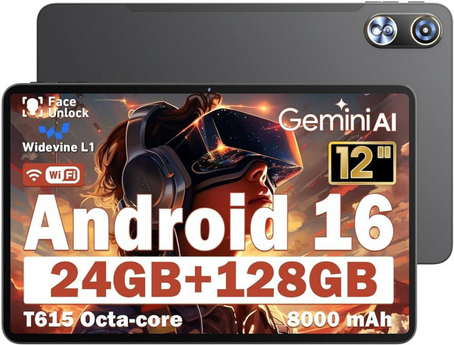 Aobante 안드로이드 16 태블릿 12인치 24GB RAM 128GB ROM (확장 가능한 1TB) 2000x1200 IPS 풀 HD 디스플레이 8000mAh 긴 배터, Aobante 안드로이드 16 태블릿 12인치, 24G