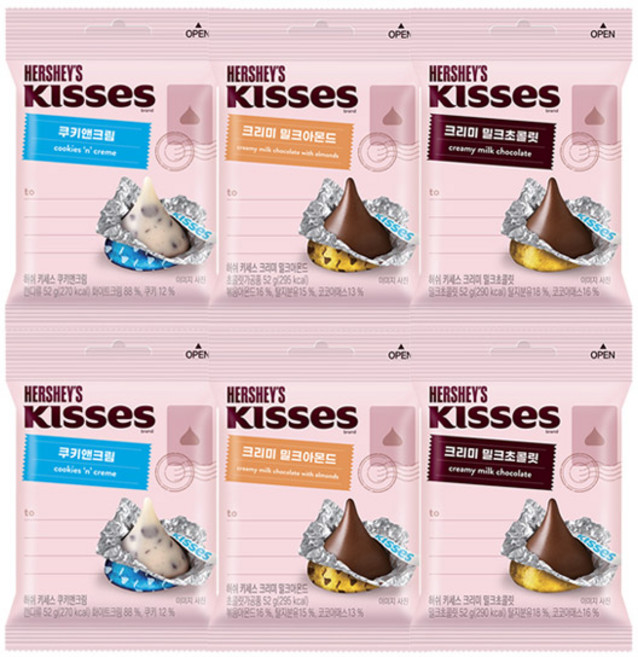 허쉬 키세스 크리미 밀크초콜릿 52g+아몬드 52g+쿠키앤크림 52gx각2개(총6개), 52g, 6개
