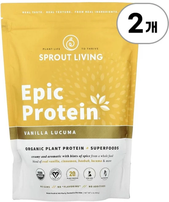 스프라우트 리빙 에픽 프로틴 오가닉 플랜트 프로틴 슈퍼푸드 바닐라 루쿠마 Sprout Living Epic Protein® Organic Plant Protein + Superf, 2개, 456g - 쿠팡