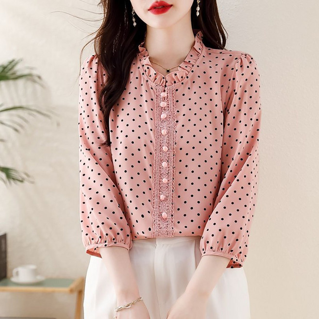 ROYALBELLE 여성 스탠드넥 도트무늬 프릴디테일 쉬폰 블라우스 루즈핏 긴팔 셔츠 D008015228
