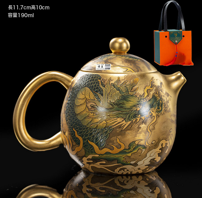 茶具禮品周鴻傑大師手工鎏真金純家用金茶壺手繪龍蛋單壺復古茶具, 1個, 1L, 手繪青龍蛋金壺-外金【送禮官方禮盒裝】:詳情
