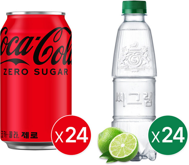 [본사직영] 코카콜라 제로 350ml CAN (24입) + 씨그램 라임 무라벨 350PET 4X6, 48개