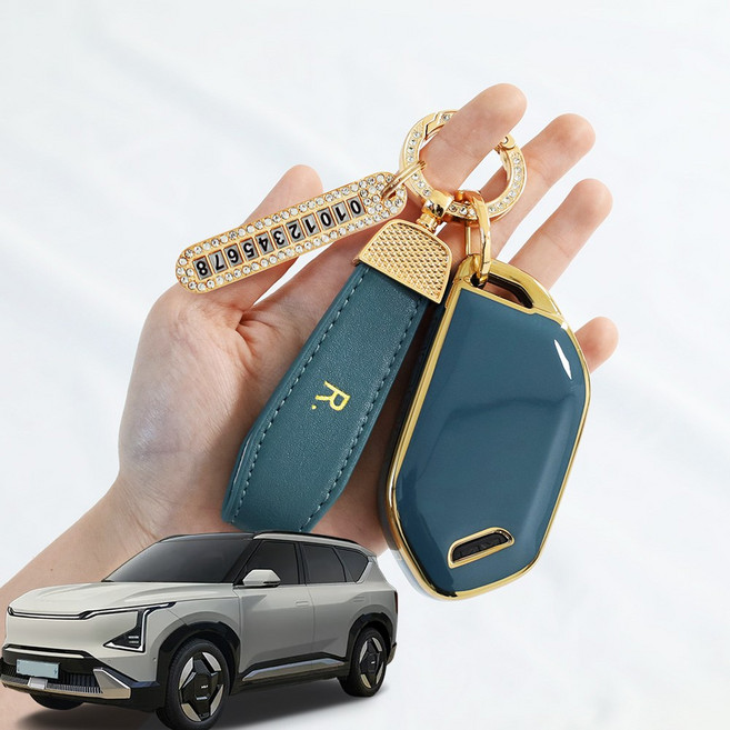 BMC EV5 호환용품 TPU 차 키케이스 스마트키케이스 키링, EV5 - 7버튼, 골드 블랙 메탈링