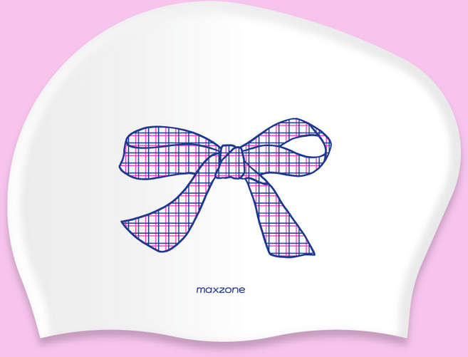 [맥스존] 체크리본 롱헤어 수모 긴머리 실리콘 성인수모 수영모자, 1개, 체크리본 핑크네이비