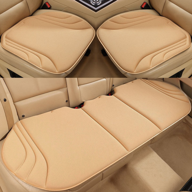 四季通用座墊 海藻纖維乳膠記憶棉汽車坐墊 熱壓一體成型三件套防滑, 1個, 典雅米（全車5座三件套）:加厚高回彈