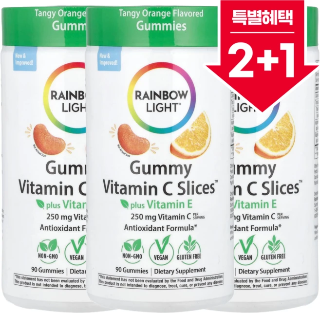 [2+1] 레인보우 라이트 구미 비타민C 슬라이스 플러스 비타민E 탠지 오렌지맛 구매젤리 90개 / 해외직구 미국정품, 3개, 90정 - 쿠팡