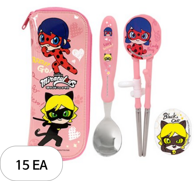 르번 국산 레이디버그 체인지 스텐 교정 젓가락 + 스푼 + 케이스 세트, 혼합색상, 15세트