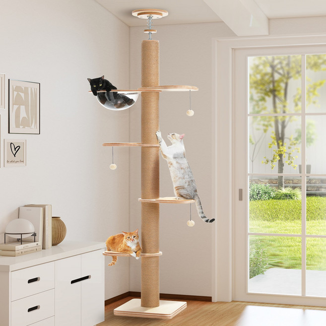 PAWZ Road 5단 대형 천장 고정형 우드 캣폴 높이조절 캣타워 200.5cm-261.5cm 우주선 투명해먹+발판+스크래쳐+봄봄볼, 1개, 베이지