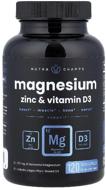 뉴트라챔프 마그네슘 아연 징크 비건 식물성 비타민D3 캡슐 120정, NutraChamps, 마그네슘, 아연 및 비타민D3,, 1개 - 쿠팡