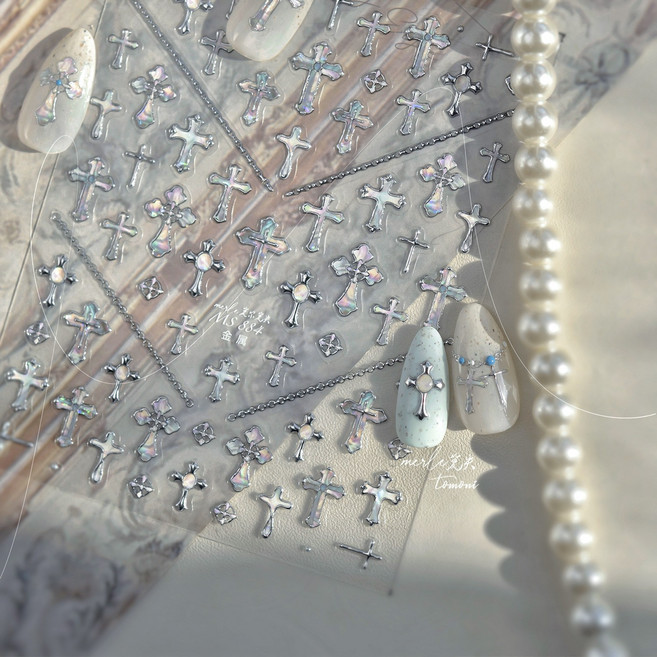 고급 입체 3D 크로스 십자가 라인체인 엠보 네일스티커+미니파일, 1개, 실버