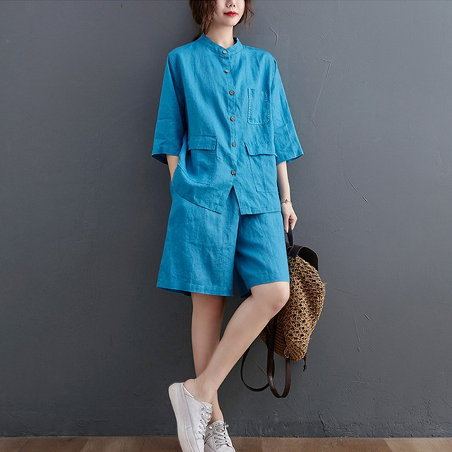 POMTOR 여름 여성용 면 마 7부 소매 셔츠+하이웨스트 와이드 반바지 투피스 캐주얼 문예 린넨 블라우스 팬츠 세트