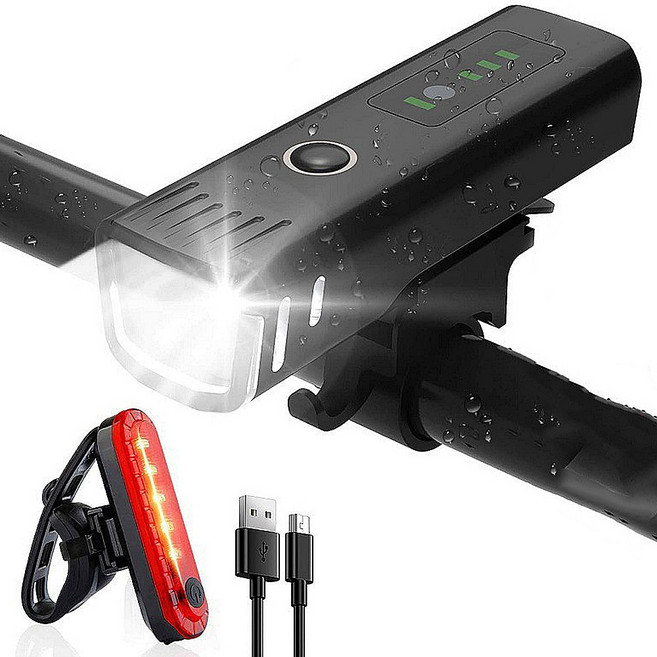 타즈샵 스마트 밝기조절 충전식 USB C타입 방수 자전거 라이트 전조등 + 후미등 세트, 1세트, 자전거라이트 전조등+후미등