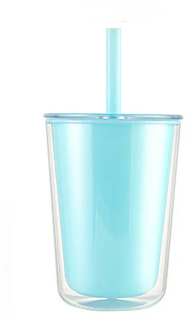 실용적인 대용량 이중 레이어 빨대 컵 밀폐형 누수 방지 플라스틱 물병 낙하 밀크티 여름, 05 Blue