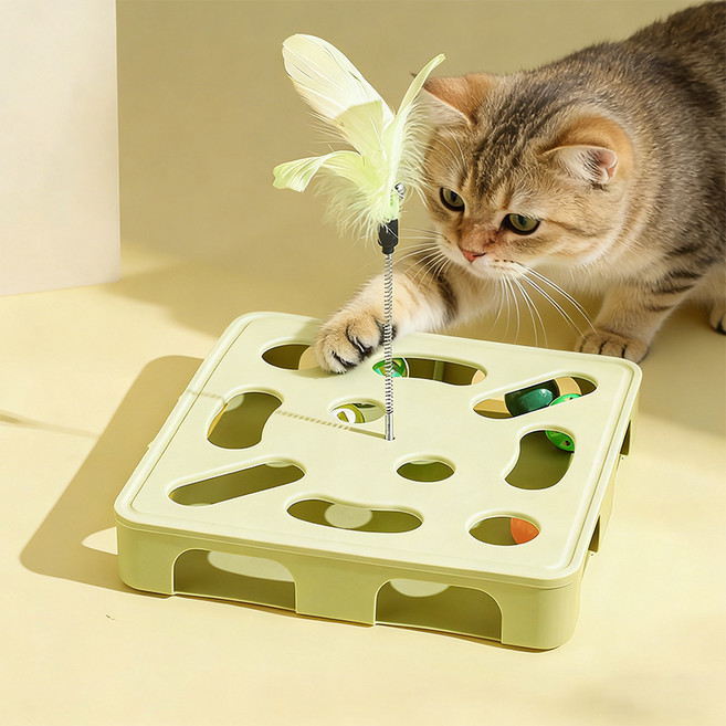 호밍사이 고양이 장난감 미로 트랙볼 방울 스프링 장난감 고양이 낚싯대 깃털 장난감, 녹색, 1개