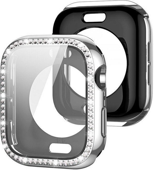 Rabbit Technology 全包電鍍 防撞保護 適用Apple Watch錶殼, 太空銀單排鑽全包殼,42mm（S11/S10）通用, 1個