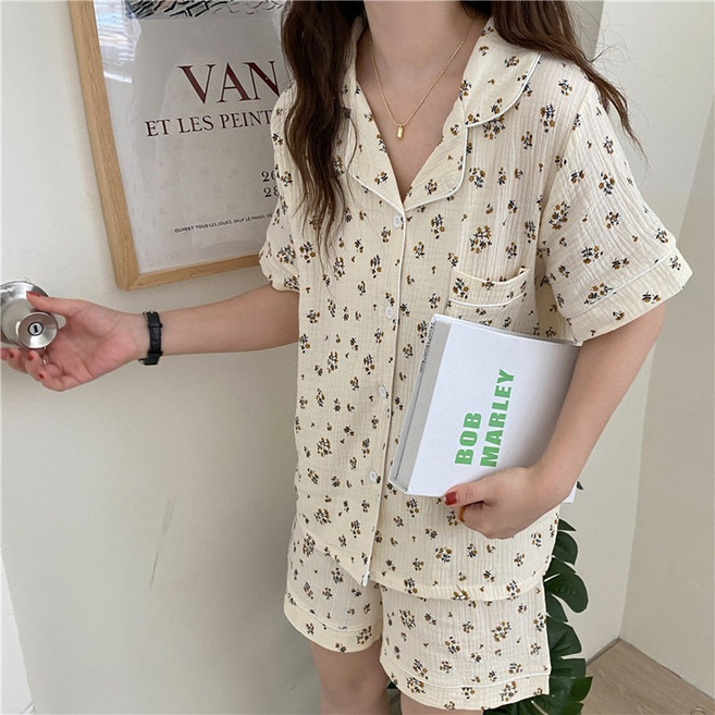 엘제이룸 여름잠옷 세트 여성 반팔 순면 파자마 꽃무늬 홈웨어