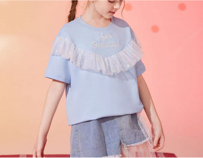 해피유통 어린이 여름 반팔 자수 티셔츠 레이스 장식 디자인 디자인14세 이상