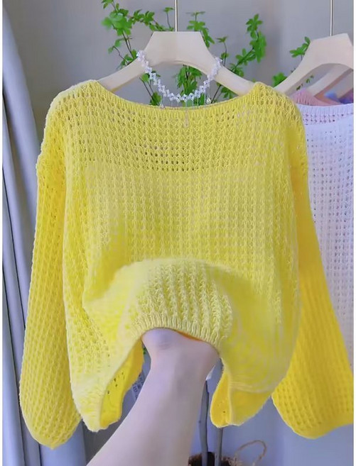 페이준 여성 봄 여름 얇은 솔리드 라운드 펀칭 긴팔 루즈핏 니트 YJ2891