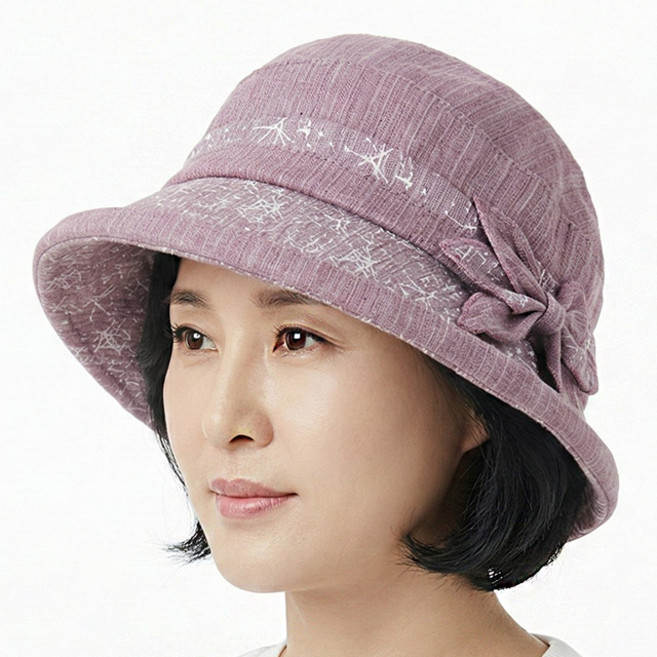 베이직엠 중년 여성 봄 여름 모자 벙거지 둥근챙 패턴 사이드리본