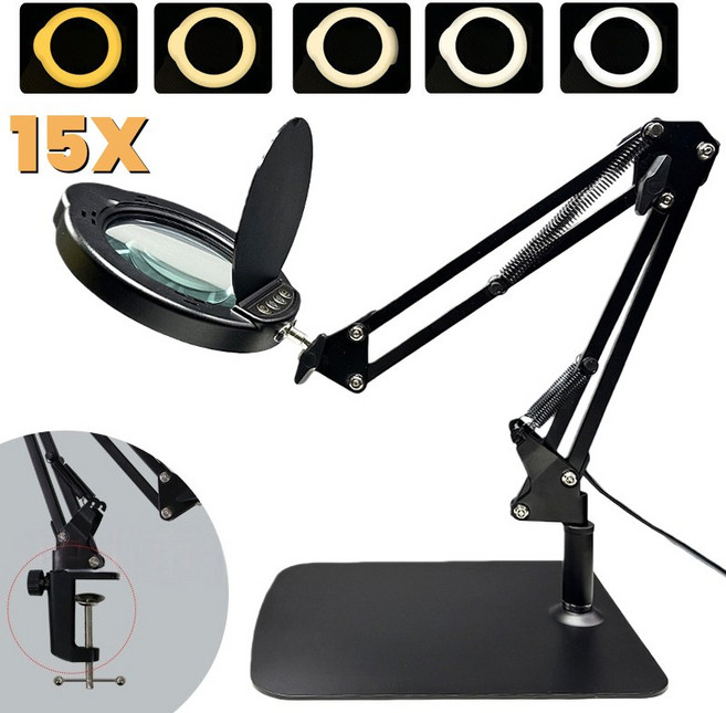 15배 고배율 조명 확대경 조절 가능한 암 스탠드 중형 2-in-1 금속 베이스 네일아트 및 공예 등 다양한 용도, 1개, 블랙
