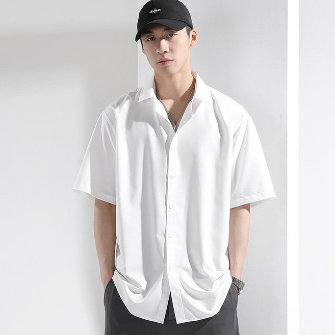 LLHH 韓國春夏微抗皺素面寬鬆落肩短袖襯衫