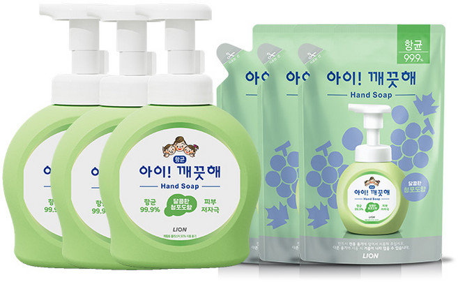 [LION] 아이깨끗해 490m용기lx3개+450mlx3개, 상세 설명 참조, 제품선택:490ml용기x2개+450ml리필x6개(청포도)