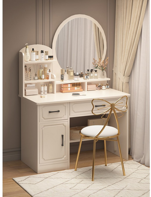 TixPra 좌식 화장대 서랍장+원형화장 거울 거실 수납 책상 화장대 일반화장대, 원형(LED 없음), 흰색