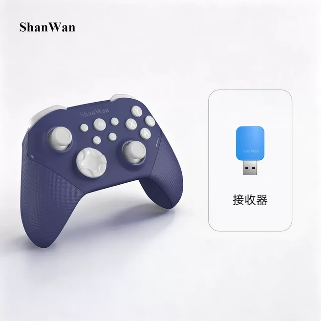 ShanWan 經典Xbox佈局 藍芽無線遊戲手柄 三模連線 六軸陀螺儀 霍爾搖桿, Q34B灰藍色 接收器, 1個, T4N
