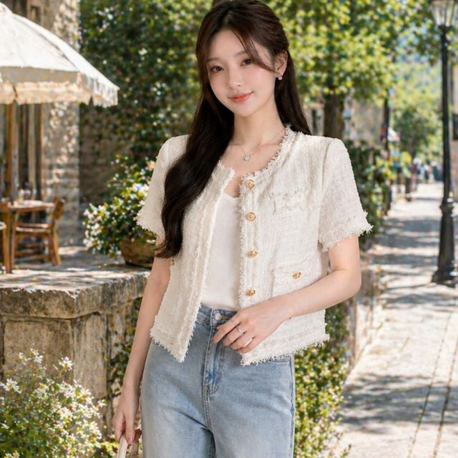 미풀 여성 반팔 트위드 자켓 화이트 오피스룩