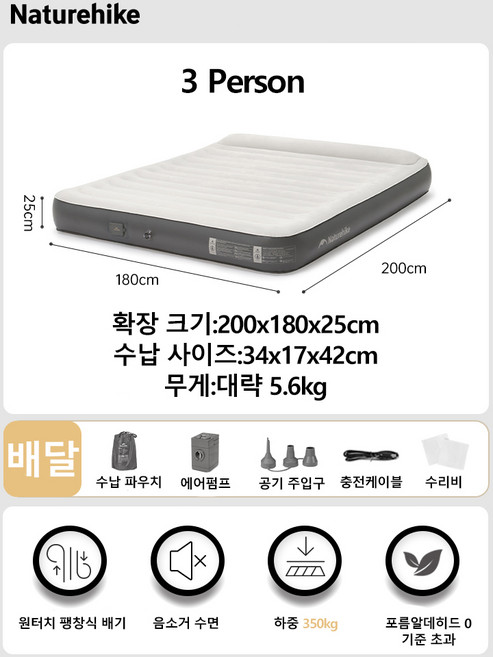 네이처하이크 풍선 매트리스 1/2/3인 캠핑 자체 팽창 에어 홈 내장형 펌프 슬리핑 베개가 있는 침대, 01 빠른, 03 3 Person