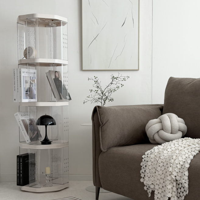 드로우앳 대용량 거실 팔각 회전 책장, 4단, 베이지