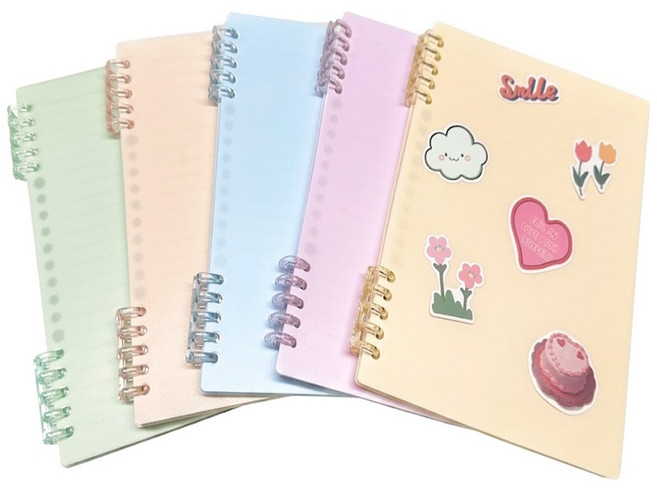 레브하우스 두꺼운 파스텔 바인더 스프링 노트 A5, 1세트, 퍼플+민트+옐로우+핑크+블루