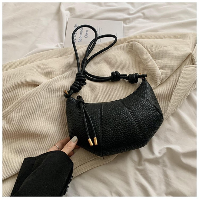 韓係時尚復古可頌牛角包百搭單肩斜挎包水餃包真皮, 黑色