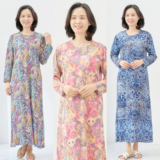마미소 꽃 면 원피스 국내생산 홈드레스 A라인 롱 무늬 엄마 할머니 빅사이즈 40 60 마담 중년 여성 옷