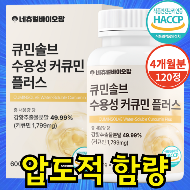 네츄럴바이오팜 강황 수용성 커큐민 식약청 HACCP 인증 100% 600mg, 1개, 120정