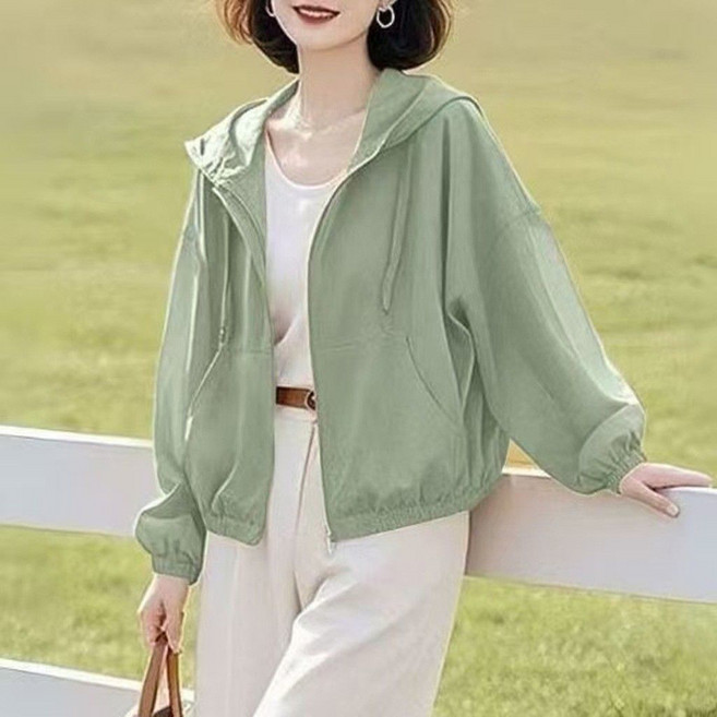 ORZQU 봄 여성 코트 심플 캐주얼 루즈핏 자외선 차단 후드 집업 점퍼